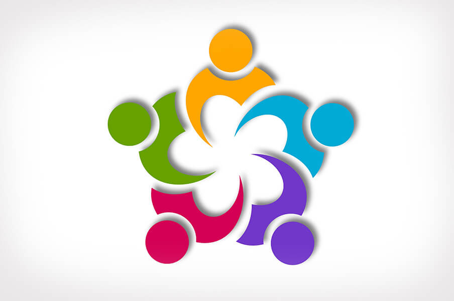 illustration of 5 different coloured icons forming a flower in the centre with the negative space