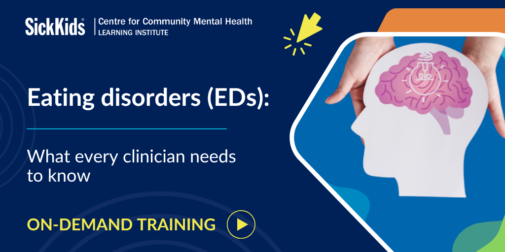 image of hands holding cut out head with cartoon brain and lightbulb text: eating disorders: what every clinician needs to know on-demand training