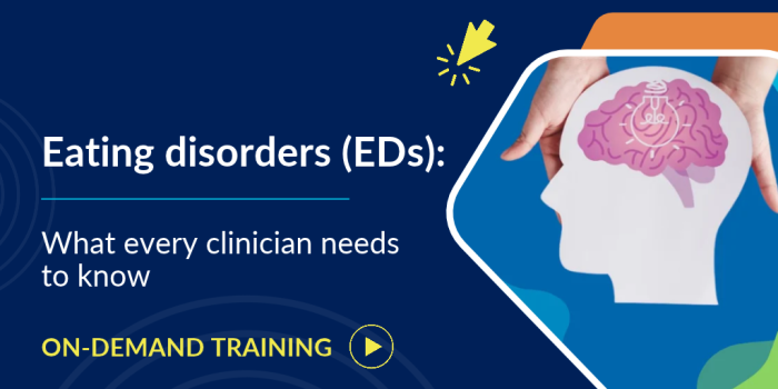 image of hands holding cut out head with cartoon brain and lightbulb text: eating disorders: what every clinician needs to know on-demand training