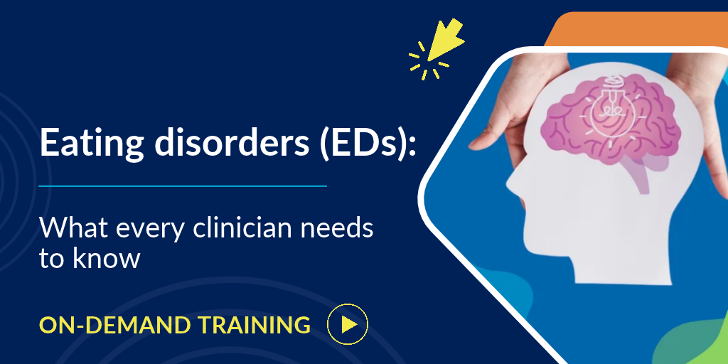 image of hands holding cut out head with cartoon brain and lightbulb text: eating disorders: what every clinician needs to know on-demand training