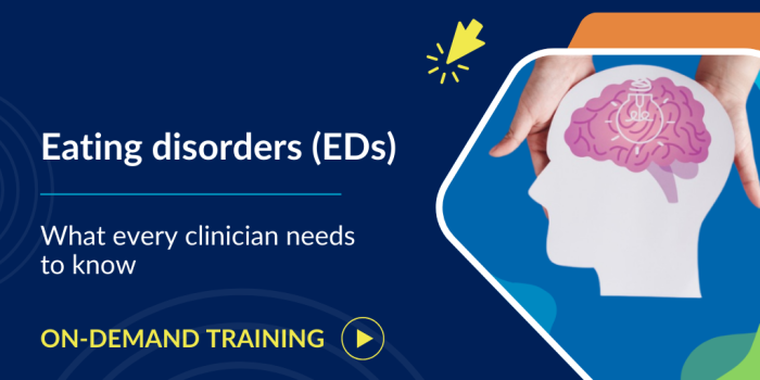 image of hands holding cut out head with cartoon brain and lightbulb text: eating disorders: what every clinician needs to know on-demand training
