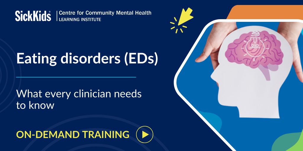 image of hands holding cut out head with cartoon brain and lightbulb text: eating disorders: what every clinician needs to know on-demand training