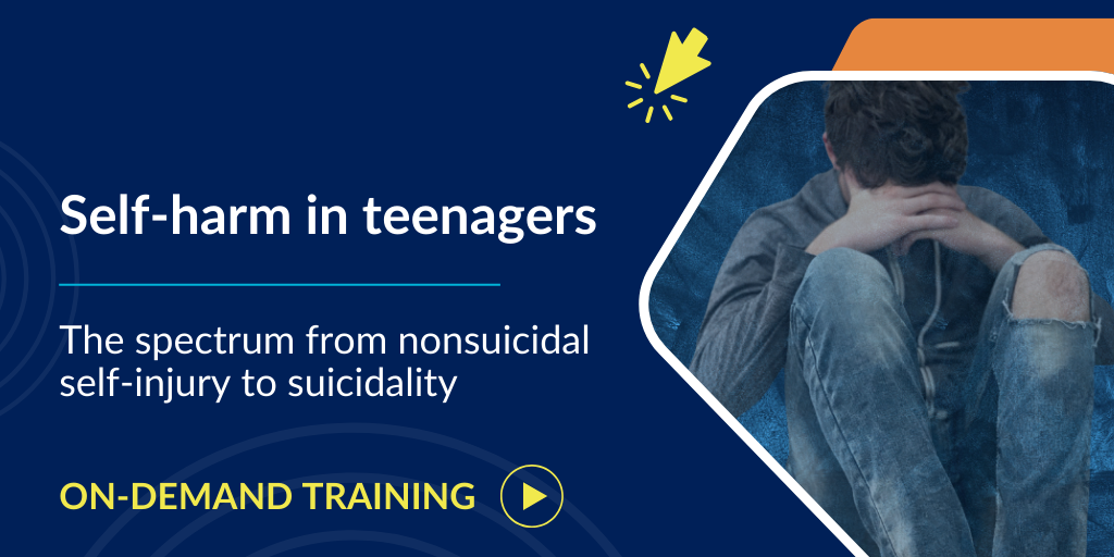 image of youth hiding face in hands text: Self-harm in teenagers: the spectrum from nonsuicidal self-injury to suicidality