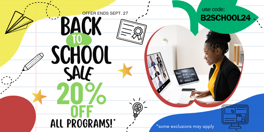 back-to-school sale 20% off all programs with image of person on webinar