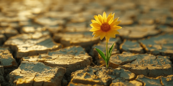 dry cracked ground with a yellow flower growing from a small crack indicating hope and growth