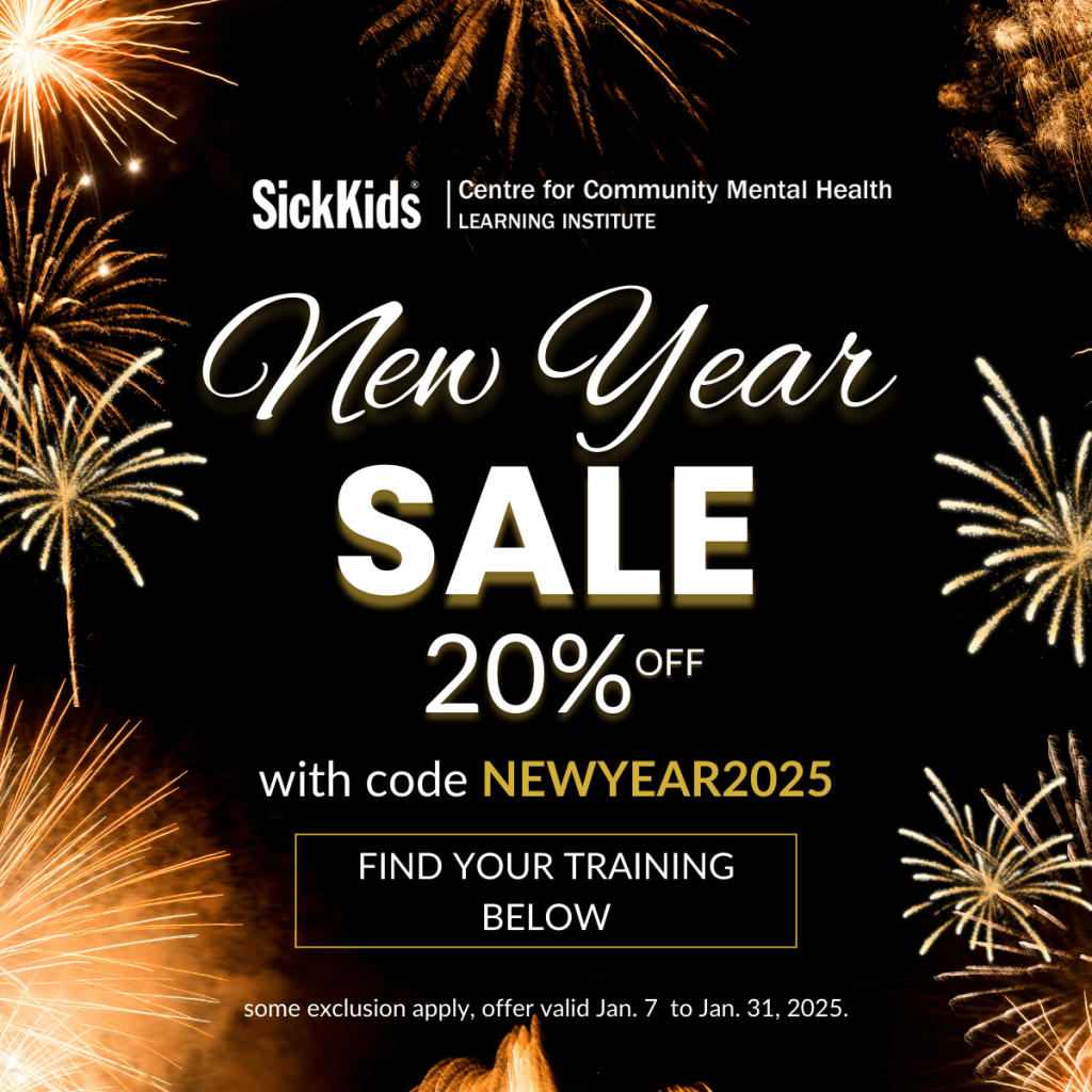 Black background with fireworks and SickKids CCMH LI logo. Text box New Year Sale 20% off with code NEWYEAR2025