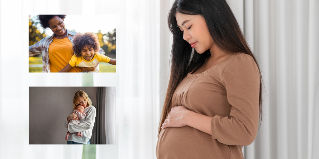 Image of a pregnant woman, a woman with a baby and a woman with a toddler for perinatal mental health and ADHD