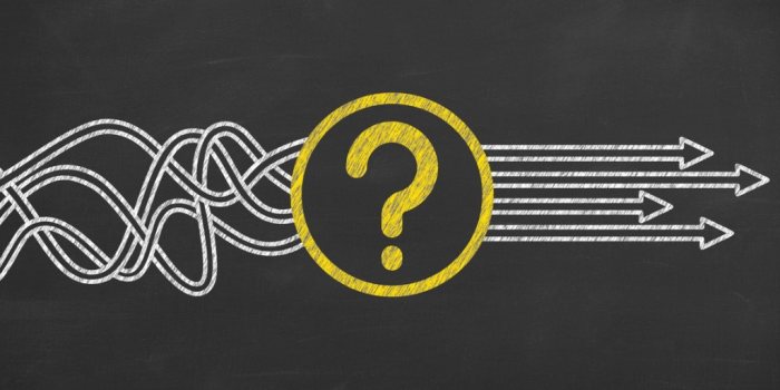 lines with a big question mark and then the lines straighten out past question mark for leadership training