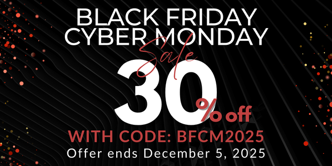 Black background with text Black Friday Cyber Monday 30% off Sale