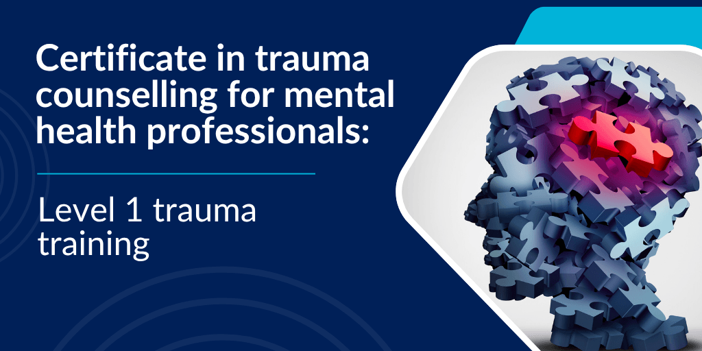 puzzle of a human head with red pieces in brain area with text Certificate in trauma counselling level 1