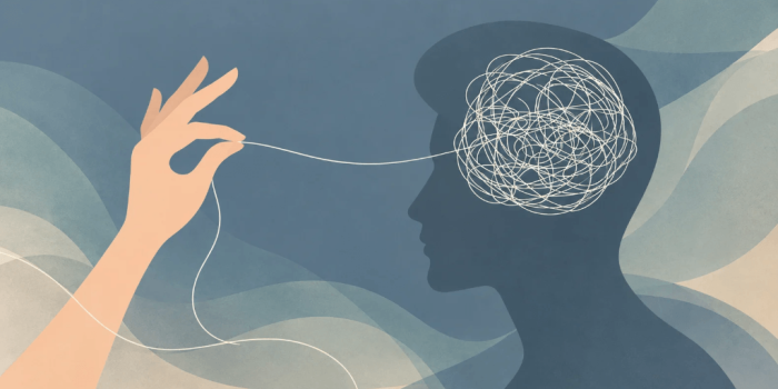 Illustration of a hand gently untangling a thread connected to a tangled pattern inside a person's head, symbolizing emotional and relational complexity for eating disorders and attachment
