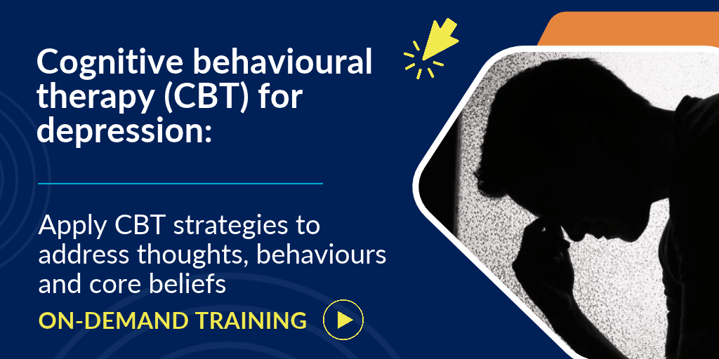 Cognitive behavioural therapy for depression on-demand training, featuring a silhouette of a person with their head resting on their hand.