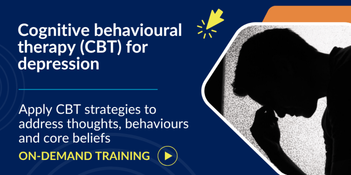 Cognitive behavioural therapy for depression on-demand training, featuring a silhouette of a person with their head resting on their hand.