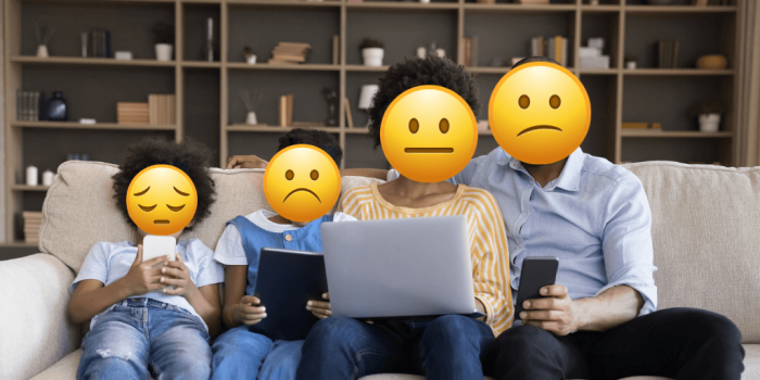 Family members with emojis covering their faces, illustrating the influence of digital communication on real-world relationships.